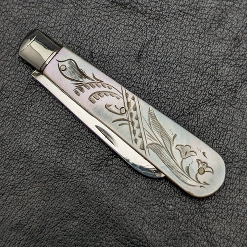 1926 British Vintage White Pearl Shell Handle Pure Silver Blade Folding Pen Knife